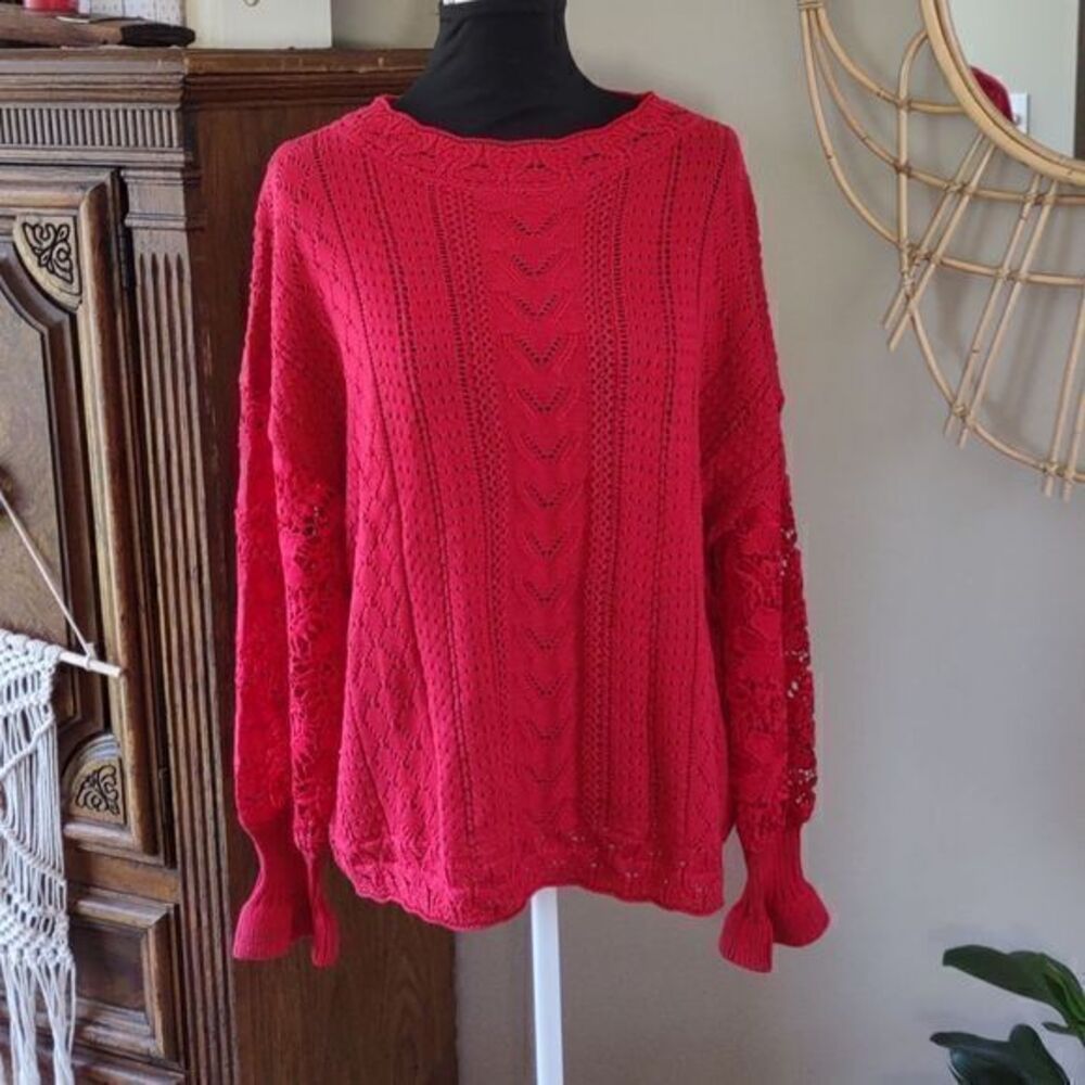 Red Open Knit Round Neck‎ Sweater with Long Lace Flounce Sleeves Sz XL